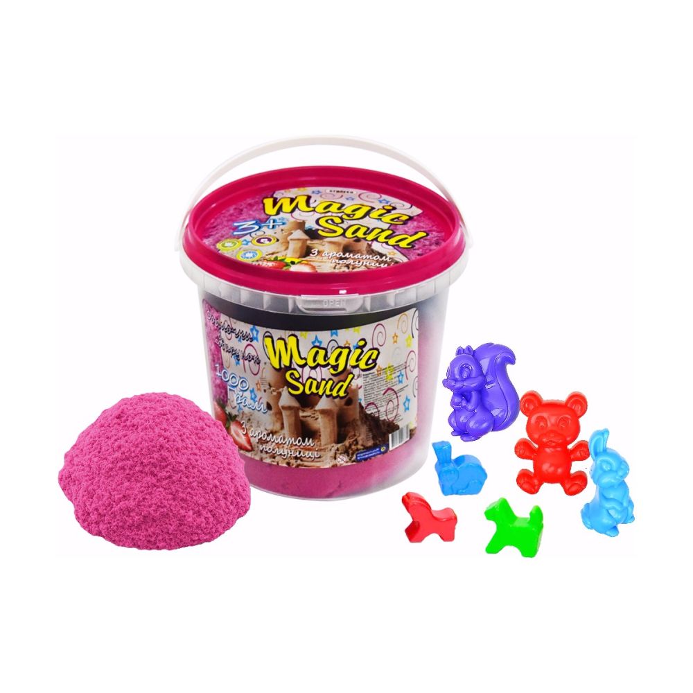 Magic sand - pink color with strawberry flavor. Bucket 1 kg (372-11)