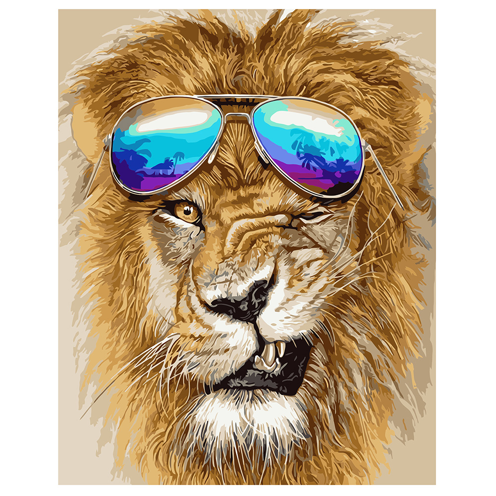 Картина за номерами Strateg ПРЕМІУМ Лев в окулярах з лаком та рівнем розміром 40х50 см VA-1123