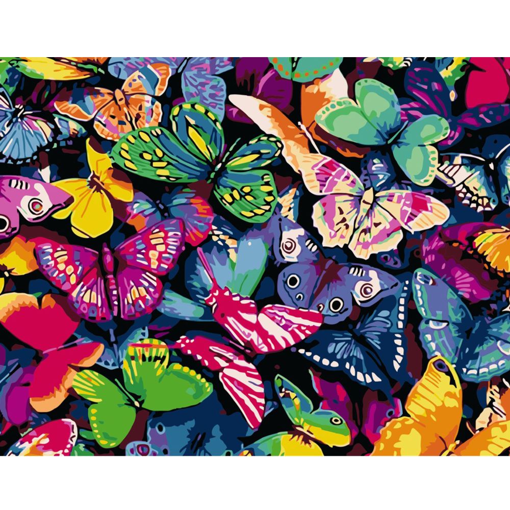 Картина за номерами Strateg ПРЕМІУМ Різнокольорові метелики з лаком та рівнем розміром 40х50 см VA-0125