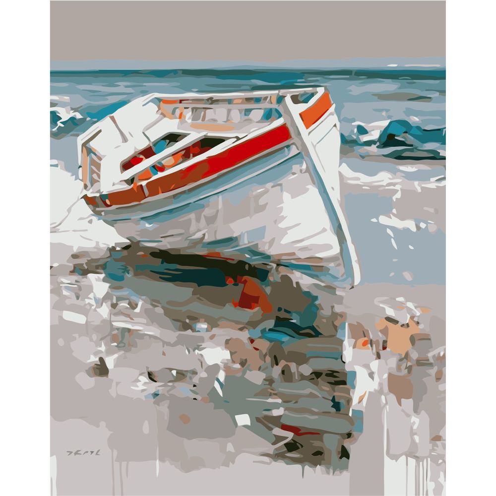 Картина за номерами Strateg ПРЕМІУМ Білий човен з лаком та рівнем розміром 40х50 см VA-0993