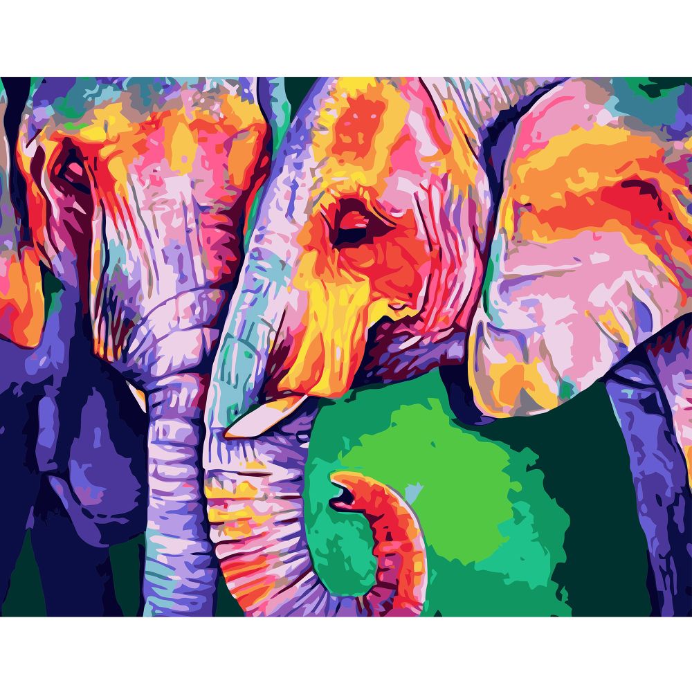 Картина за номерами Strateg ПРЕМІУМ Різнобарвні слони з лаком та рівнем розміром 40х50 см VA-1148