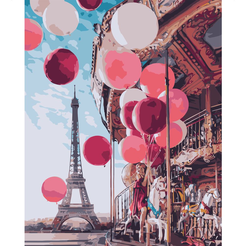 Картина за номерами Strateg ПРЕМІУМ Дівчина з кулями в Парижі з лаком та рівнем розміром 40х50 см VA-1553