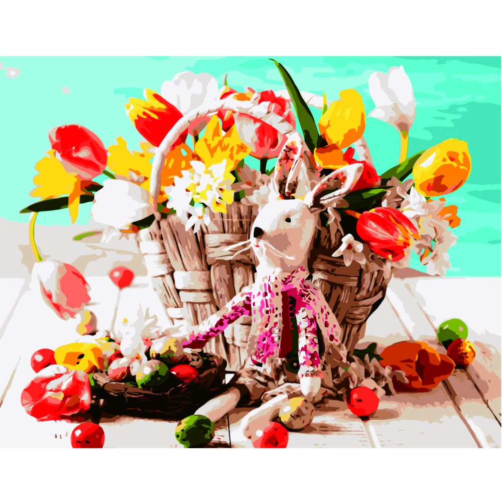 Картина за номерами Strateg ПРЕМІУМ Іграшка зайченя біля корзини квітів з лаком та рівнем розміром 40х50 см VA-2738