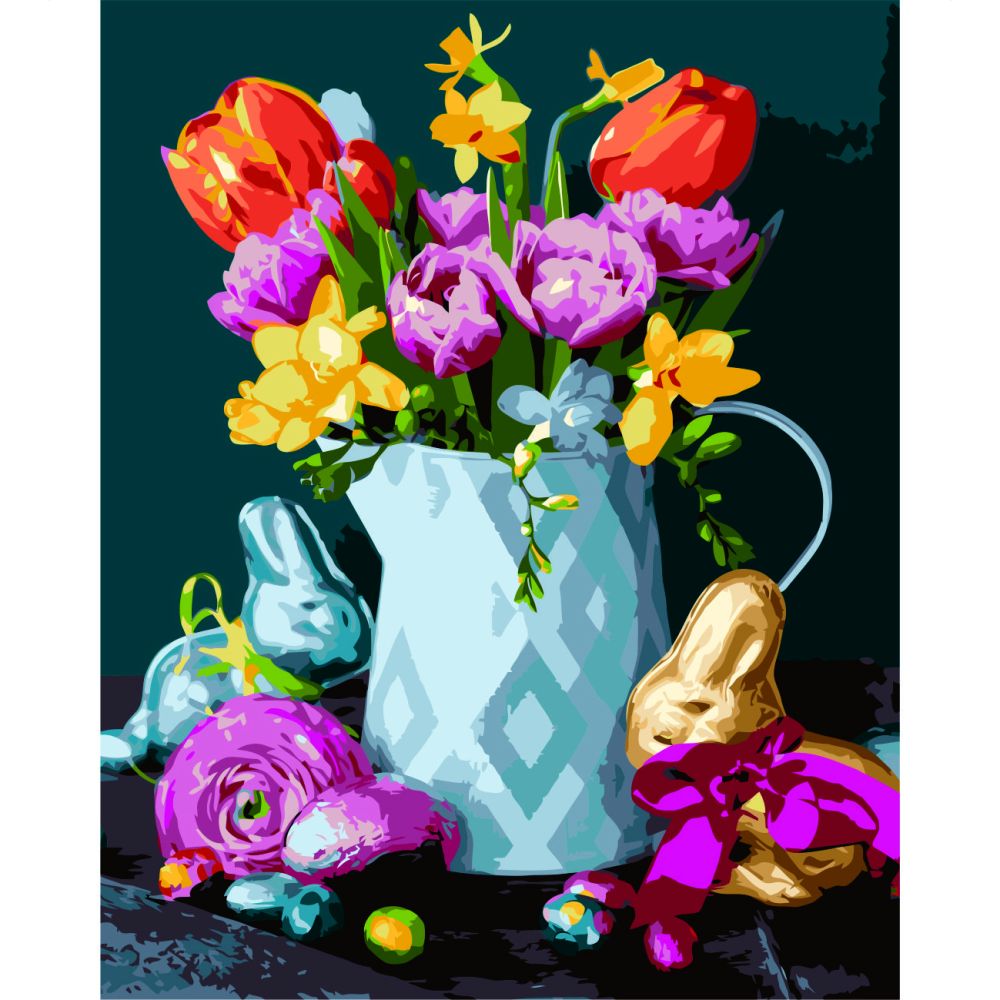 Картина за номерами Strateg ПРЕМІУМ Квіти на Пасху з лаком та рівнем розміром 40х50 см VA-2733