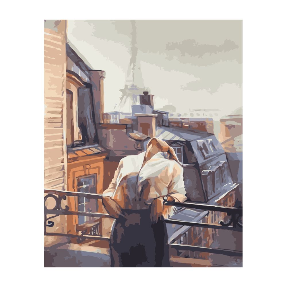Картина за номерами Strateg ПРЕМІУМ Дівчина на балконі з лаком та рівнем розміром 40х50 см VA-2831