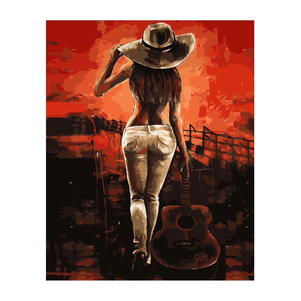 Картина за номерами Strateg ПРЕМІУМ Дівчина з гітарою з лаком та рівнем розміром 40х50 см VA-2836