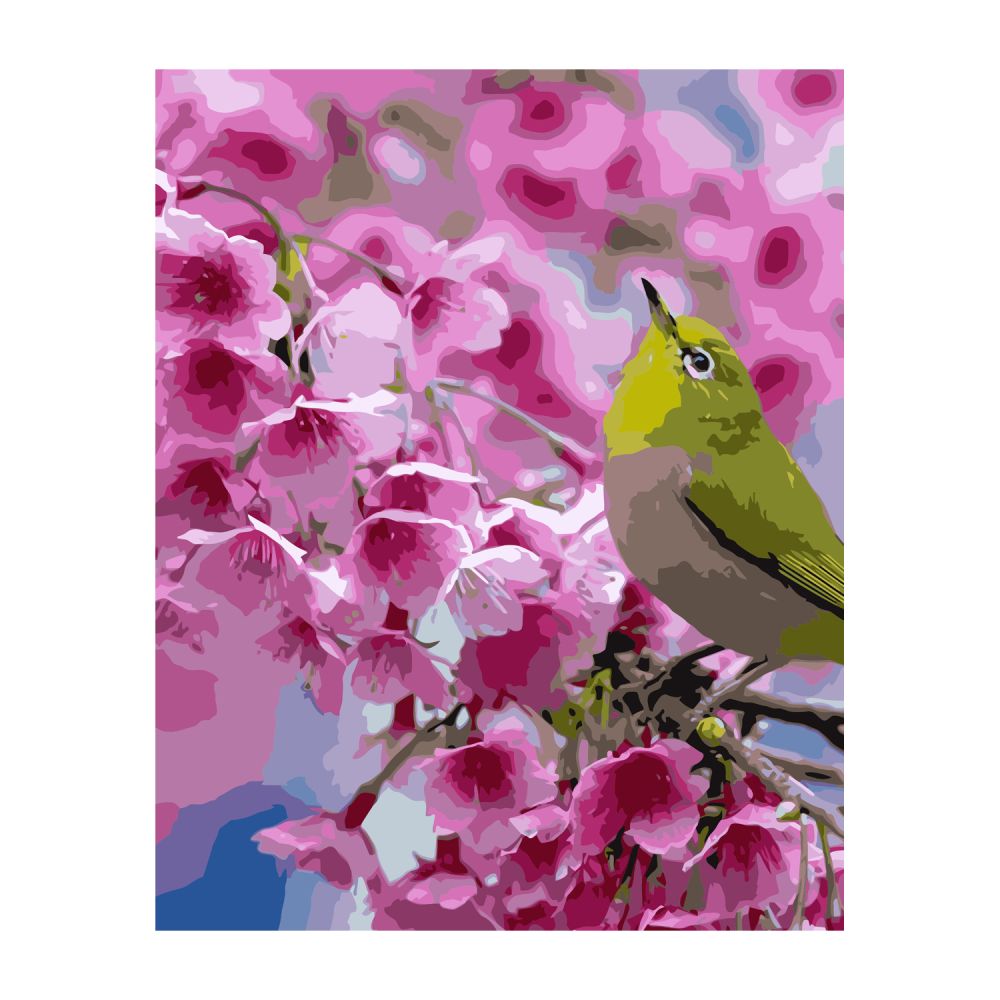 Картина за номерами Strateg ПРЕМІУМ Зелена пташка на гілці з лаком та рівнем розміром 40х50 см VA-2846