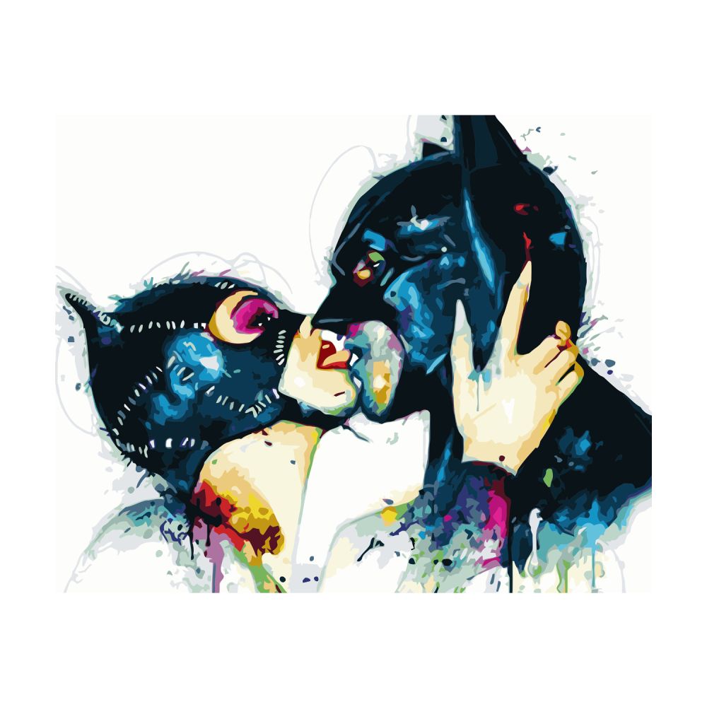 Картина за номерами Strateg ПРЕМІУМ Жінка-кішка та Бетмен з лаком та рівнем розміром 40х50 см VA-3017