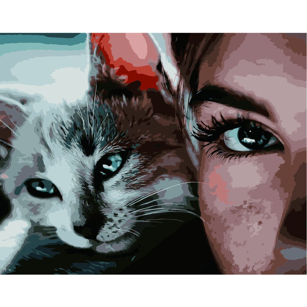 Картина за номерами Strateg ПРЕМІУМ Дівчина з котиком з лаком та рівнем розміром 40х50 см VA-2644
