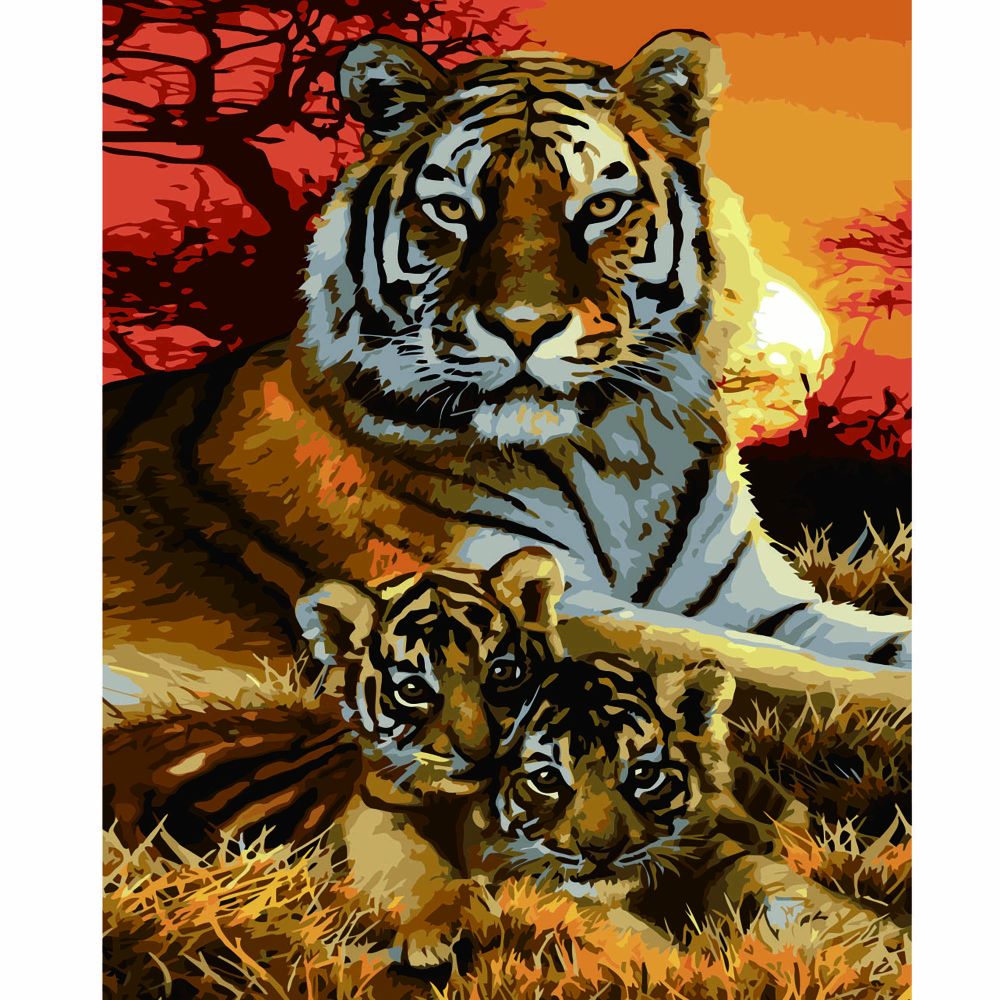 Картина за номерами Strateg ПРЕМІУМ Тигриця зі своїми дітьми з лаком та рівнем розміром 40х50 см VA-2699