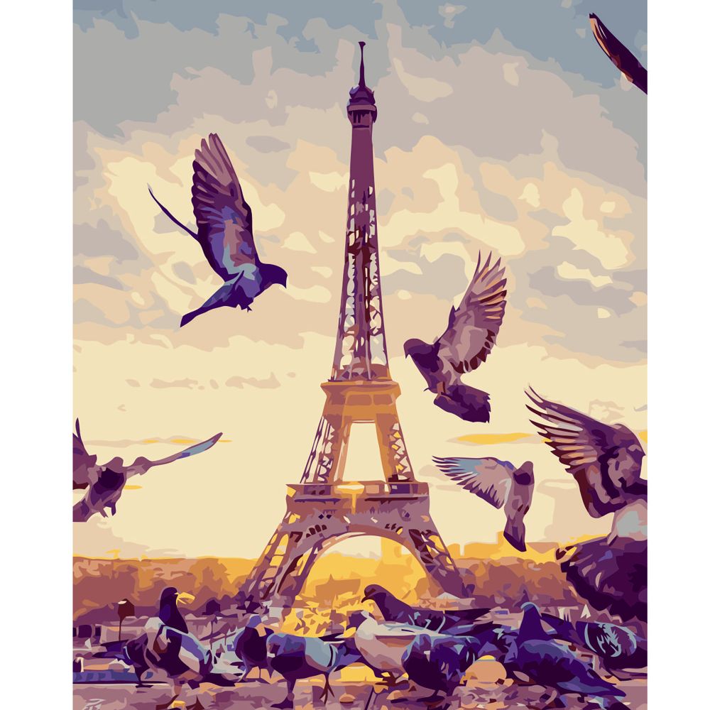 Картина за номерами Strateg ПРЕМІУМ Птахи біля Ейфелевої вежі з лаком та рівнем розміром 40х50 см VA-2691