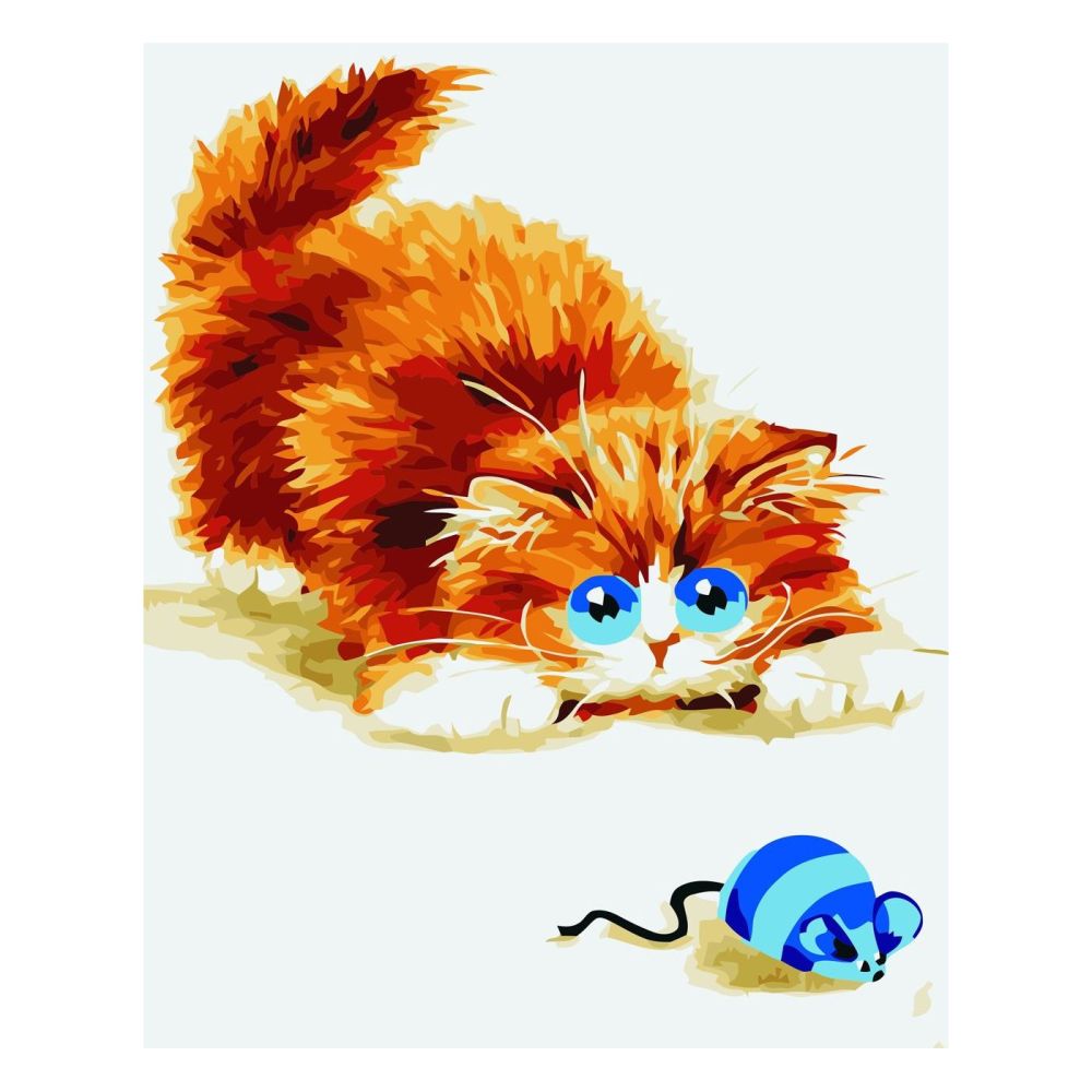 Картина за номерами Strateg ПРЕМІУМ Рудий котик з мишкою з лаком та рівнем розміром 30х40 см SV-0005