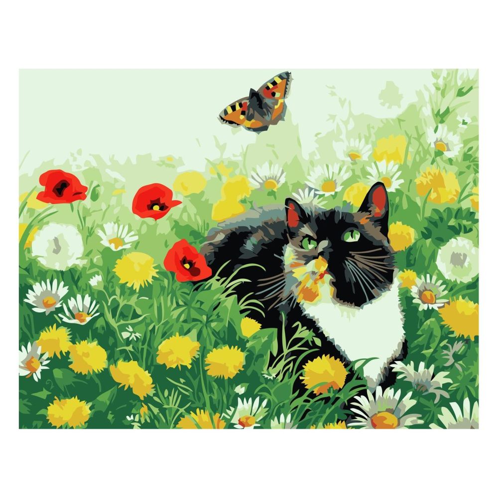 Картина за номерами Strateg ПРЕМІУМ Котик у полі квітів з лаком та рівнем розміром 30х40 см SV-0059