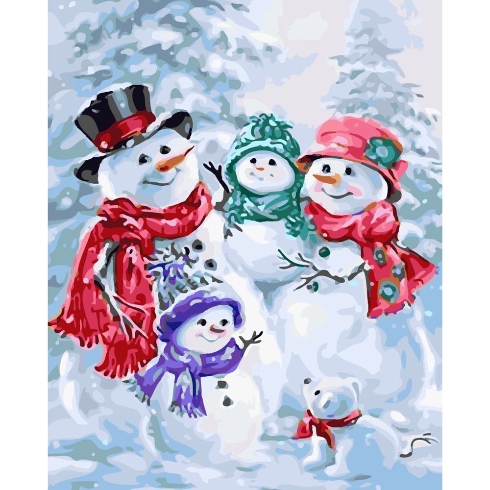 Картина за номерами Strateg ПРЕМІУМ Сім'я сніговичків з лаком розміром 40х50 см SY6203