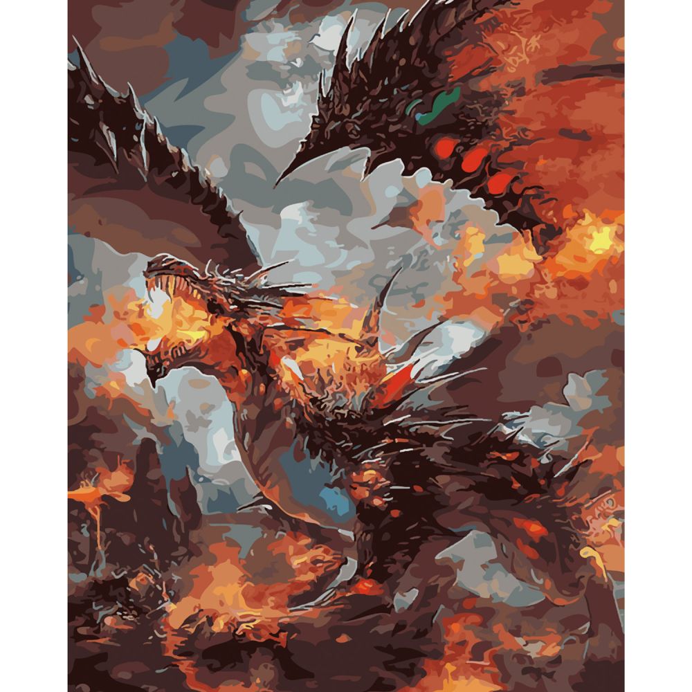 Картина за номерами Strateg ПРЕМІУМ Вогняний дракон з лаком та рівнем розміром 40х50 см SY6039