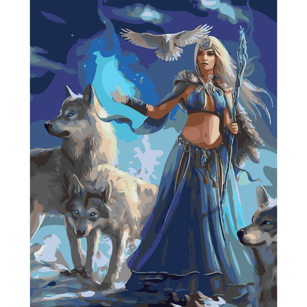 Картина за номерами Strateg ПРЕМІУМ Дівчина-воїн з вовками з лаком та рівнем розміром 40х50 см SY6105