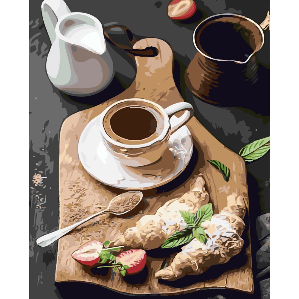Картина за номерами Strateg ПРЕМІУМ Запашна ранкова кава з лаком та рівнем розміром 40х50 см SY6255