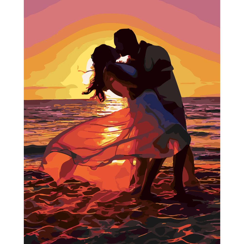 Картина за номерами Strateg ПРЕМІУМ Поцілунок на заході сонця з лаком та рівнем розміром 40х50 см SY6304