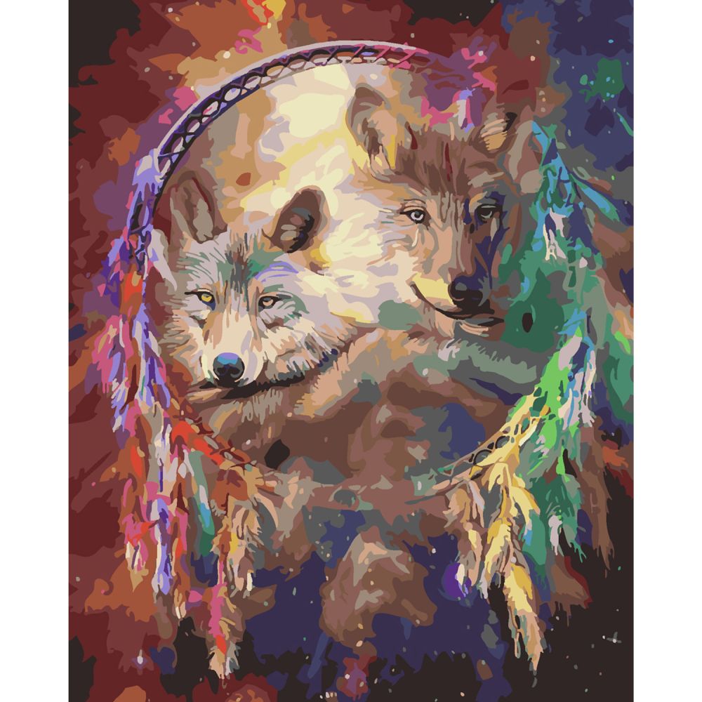 Картина за номерами Strateg ПРЕМІУМ Вовчий ловець снів з лаком розміром 40х50 см SY6328
