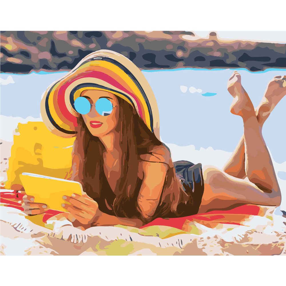 Картина за номерами Strateg ПРЕМІУМ Дівчина на піску з лаком та рівнем розміром 40х50 см SY6340