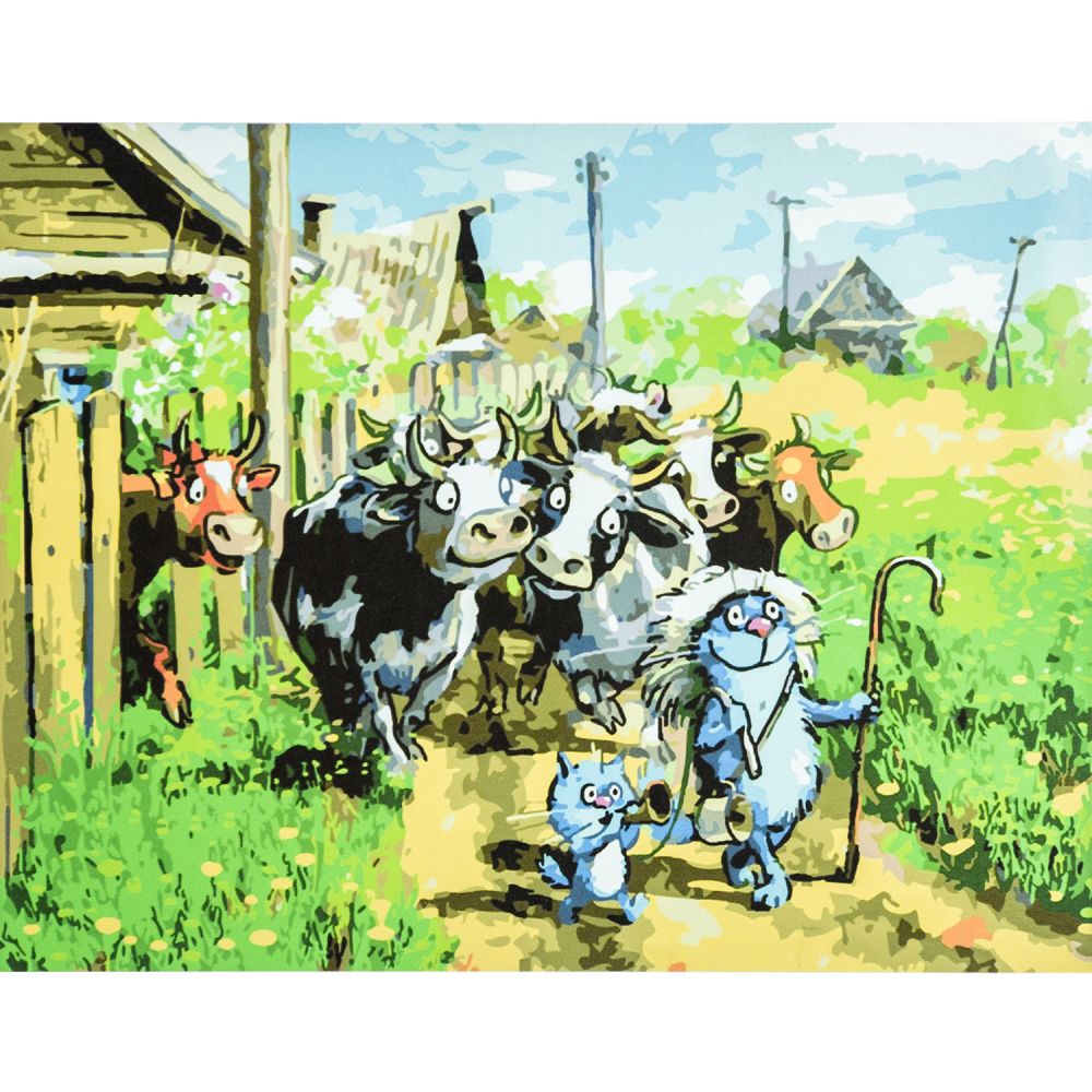 Картина за номерами Strateg ПРЕМІУМ Котики-пастушки з лаком та рівнем розміром 30х40 см SS-3691