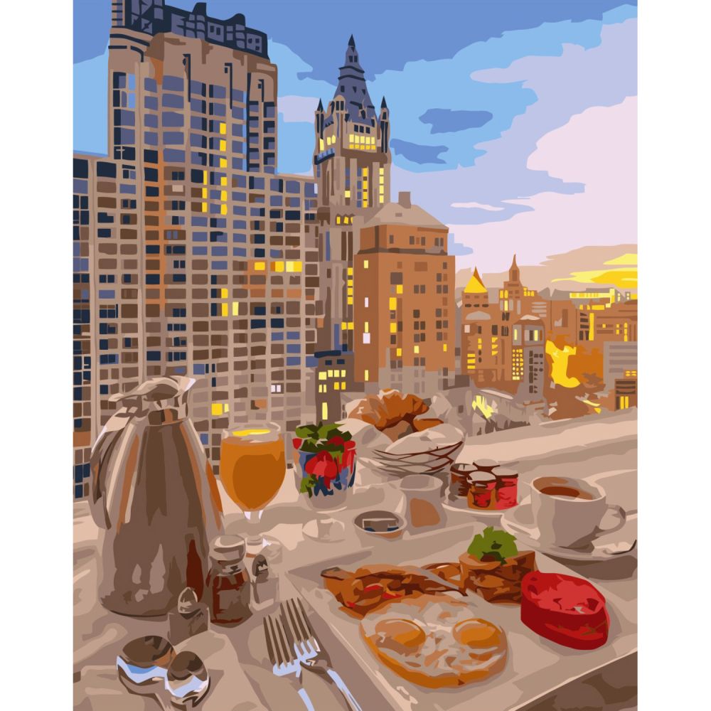 Картина за номерами Strateg ПРЕМІУМ Сніданок у Нью-Йорку з лаком розміром 40х50 см VA-3354