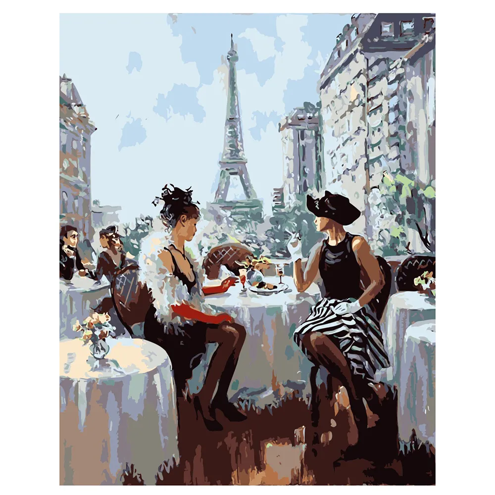 Картина за номерами Strateg ПРЕМІУМ Сніданок в Парижі з лаком та рівнем розміром 40х50 см VA-0018