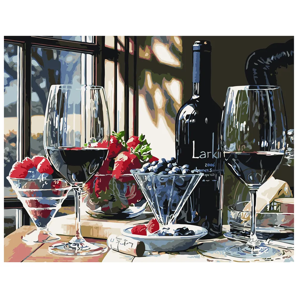 Картина за номерами Strateg ПРЕМІУМ Вино і ягоди з лаком та рівнем розміром 40х50 см VA-0292