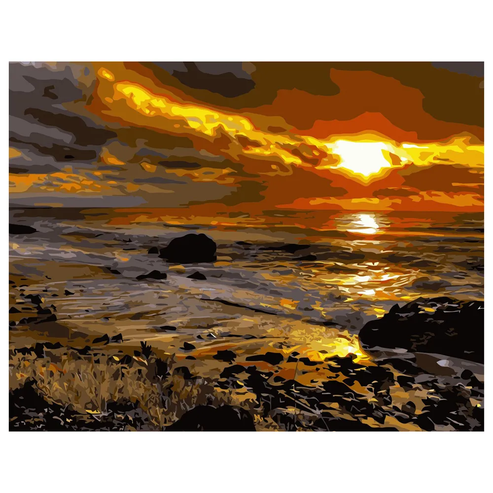 Картина за номерами Strateg ПРЕМІУМ Захід сонця біля моря з лаком розміром 40х50 см VA-0309
