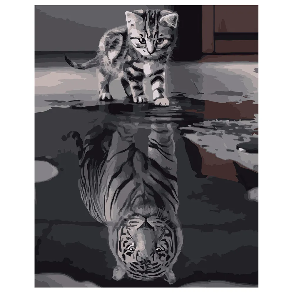 Картина за номерами Strateg ПРЕМІУМ Кіт і тигр з лаком та рівнем розміром 40х50 см VA-0500
