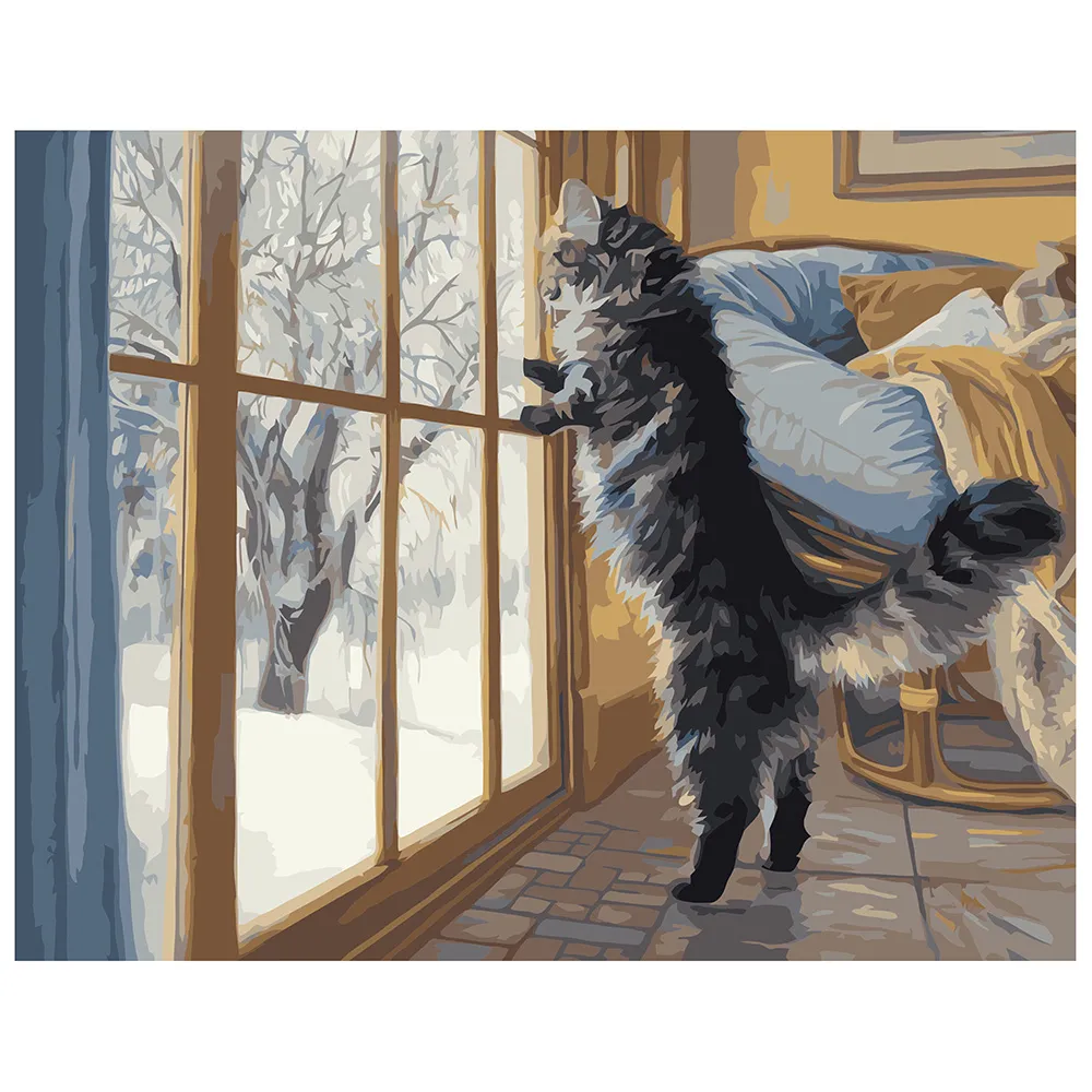 Картина за номерами Strateg ПРЕМІУМ Кіт біля вікна з лаком та рівнем розміром 40х50 см VA-0648
