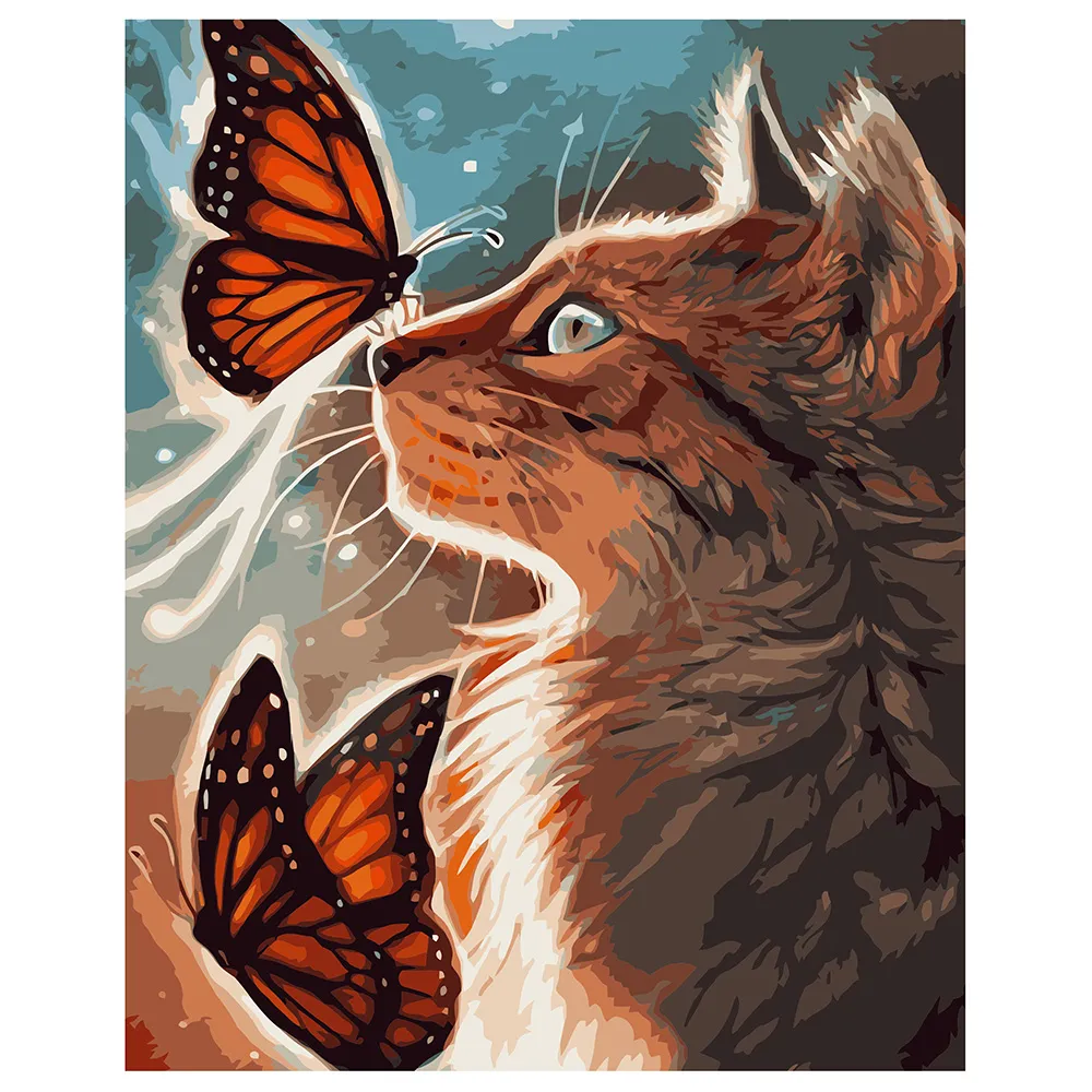 Картина за номерами Strateg ПРЕМІУМ Кіт з метеликами з лаком розміром 40х50 см VA-1025