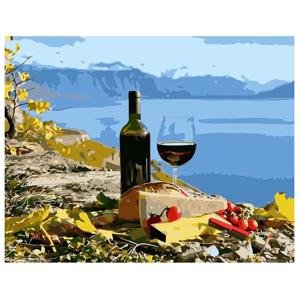 Картина за номерами Strateg ПРЕМІУМ Вино біля моря з лаком розміром 40х50 см VA-1132