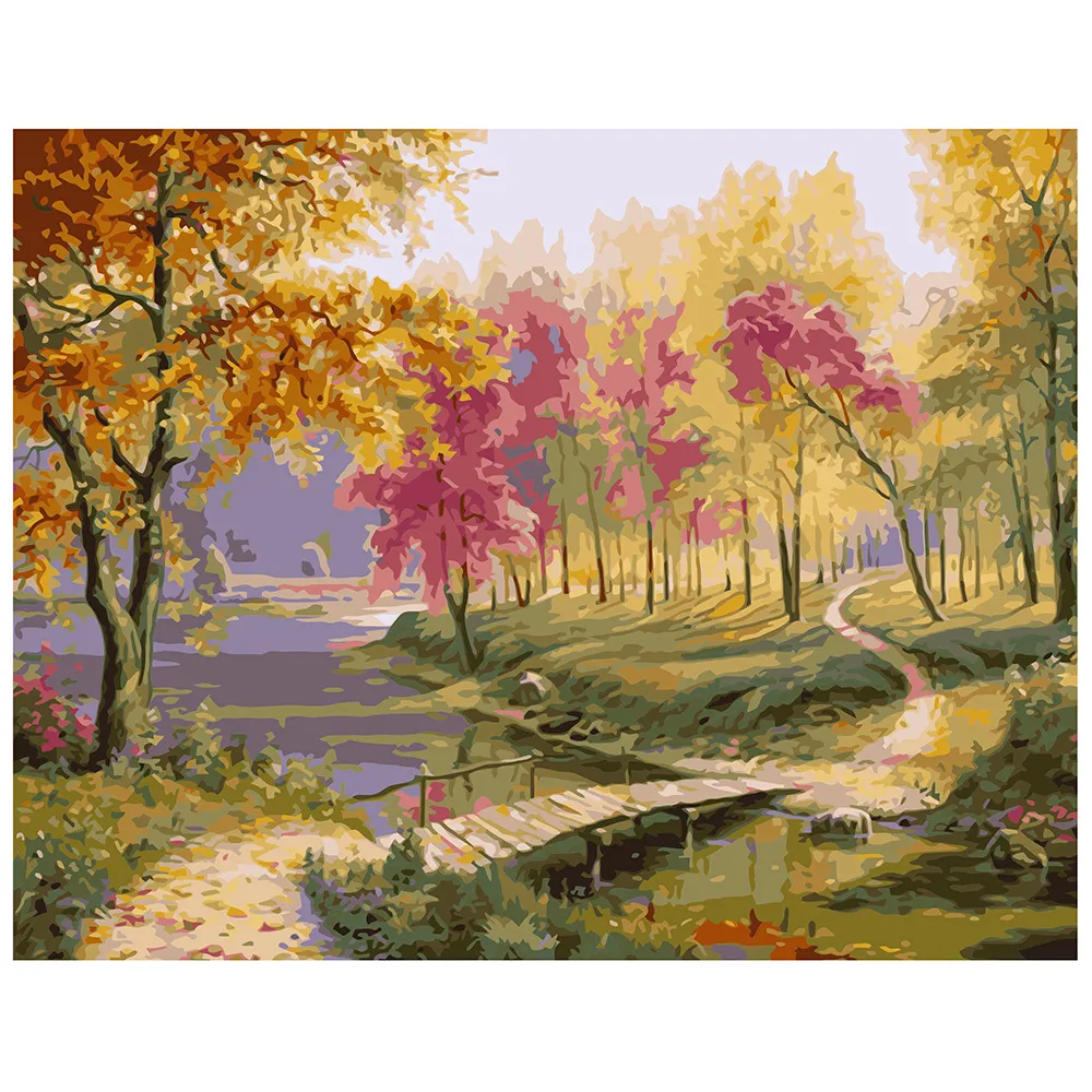 Картина за номерами Strateg ПРЕМІУМ Барвистий осінній пейзаж з лаком розміром 40х50 см VA-1523