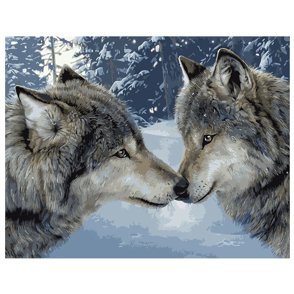 Картина за номерами Strateg ПРЕМІУМ Поцілунок вовків з лаком та рівнем розміром 40х50 см VA-1651