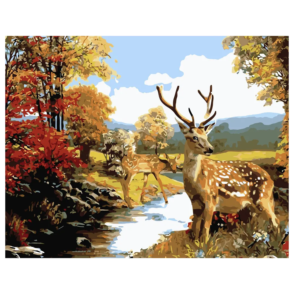 Картина за номерами Strateg ПРЕМІУМ Олені в лісі з лаком розміром 40х50 см VA-2247