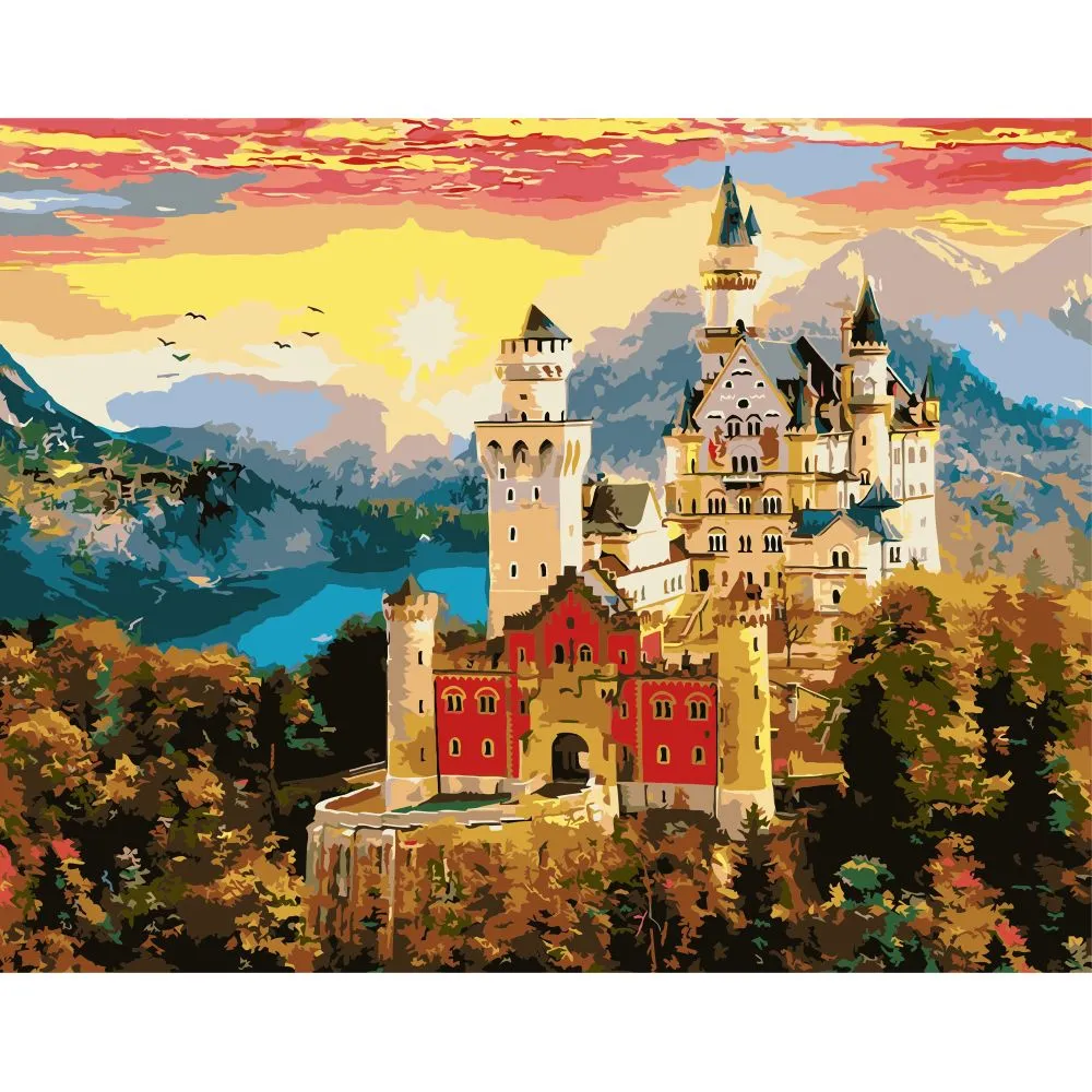 Картина за номерами Strateg ПРЕМІУМ Замок на заході сонця з лаком та рівнем розміром 40х50 см VA-1032