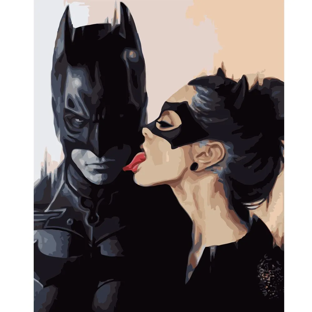 Картина за номерами Strateg ПРЕМІУМ Бетмен з жінкою-кішкою з лаком розміром 40х50 см VA-1141