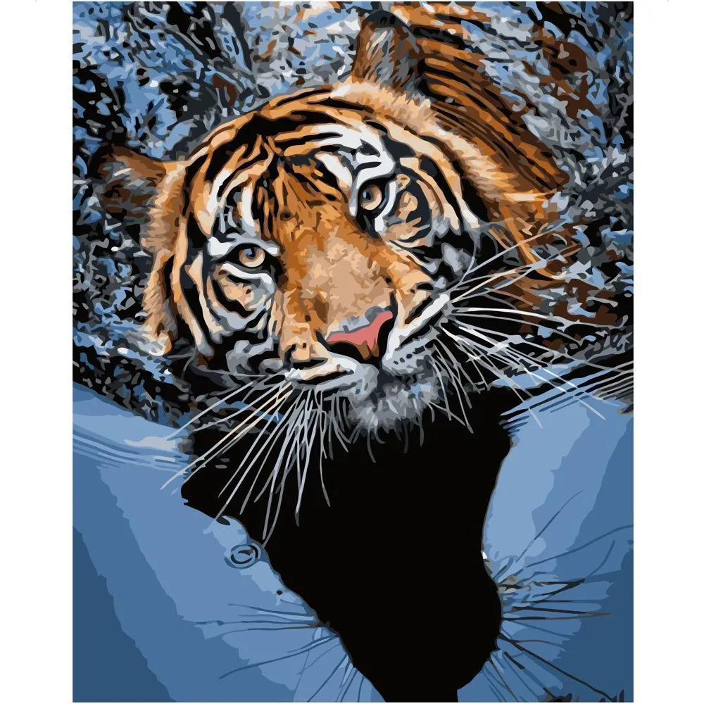 Картина за номерами Strateg ПРЕМІУМ Тигр у воді з лаком розміром 40х50 см VA-0442