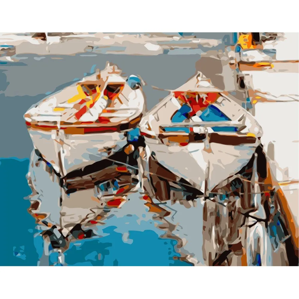 Картина за номерами Strateg ПРЕМІУМ Пара білих човнів з лаком та рівнем розміром 40х50 см VA-1001