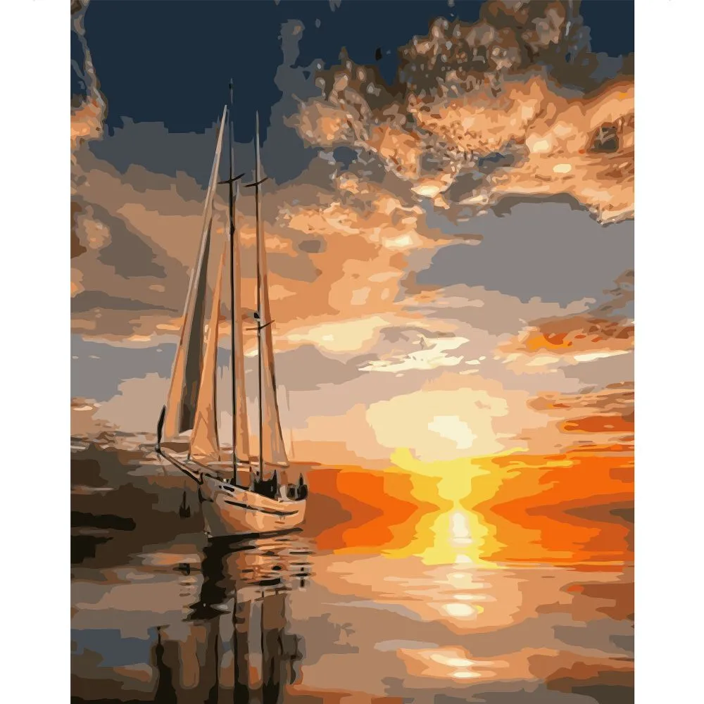 Картина за номерами Strateg ПРЕМІУМ Яхта на заході сонця з лаком розміром 40х50 см VA-1189