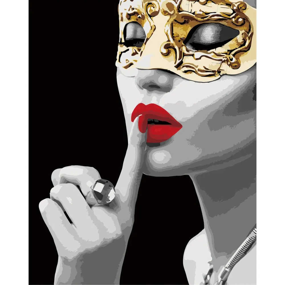 Картина за номерами Strateg ПРЕМІУМ Дівчина із золотою маскою з лаком та рівнем розміром 40х50 см VA-2551