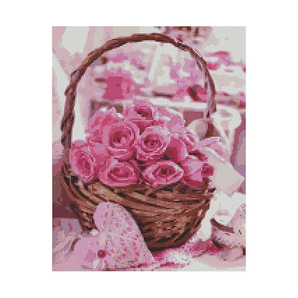 Алмазна мозаїка Strateg ПРЕМІУМ Кошик рожевих троянд 40х50 см FA40799