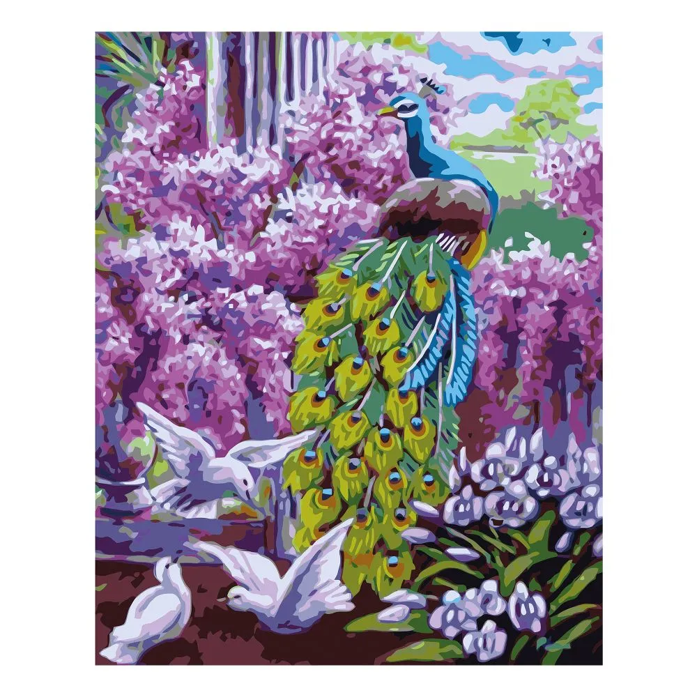 Картина за номерами Strateg ПРЕМІУМ Павич і квіти з лаком та рівнем розміром 40х50 см VA-0977