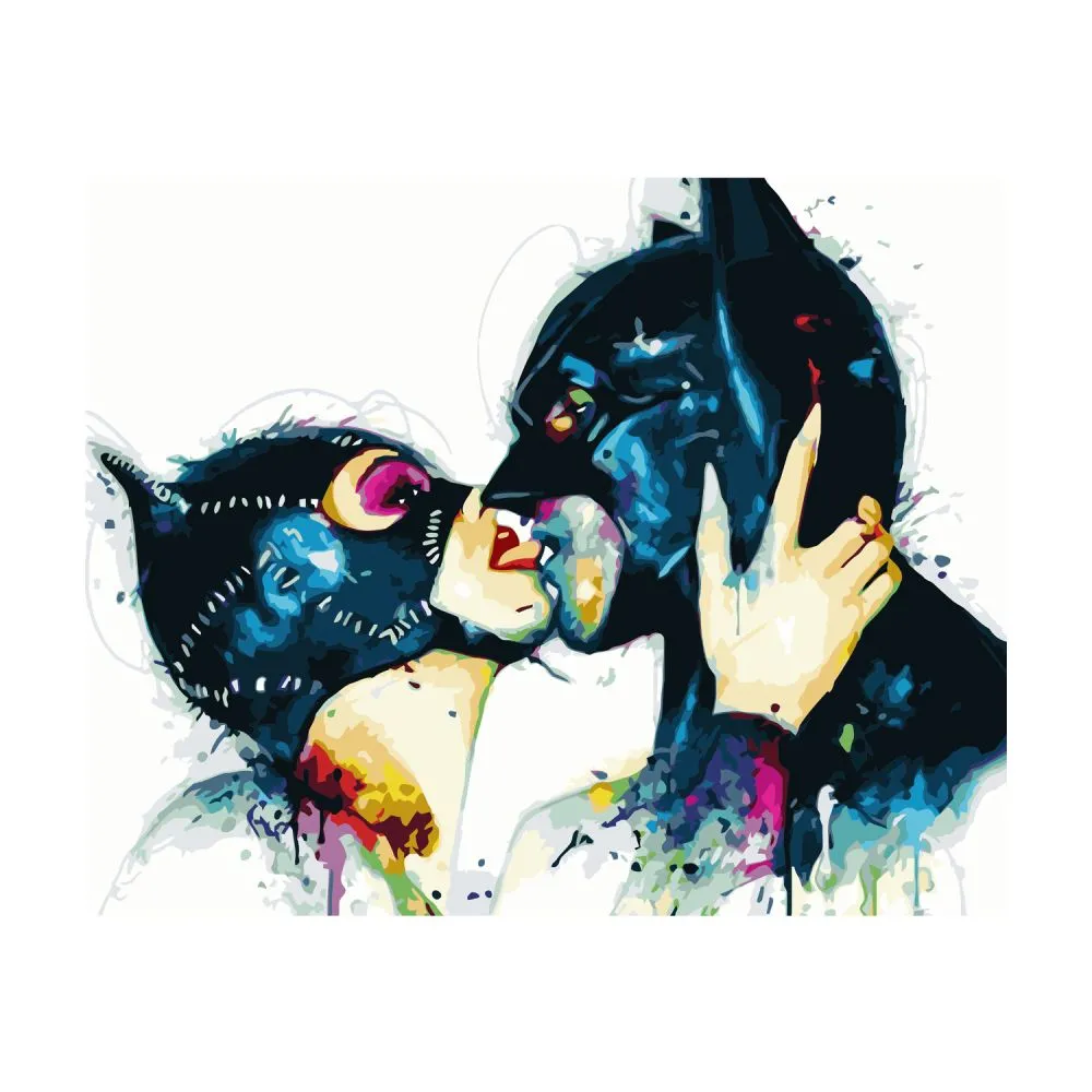 Картина за номерами Strateg ПРЕМІУМ Жінка-кішка та Бетмен з лаком розміром 40х50 см VA-3017
