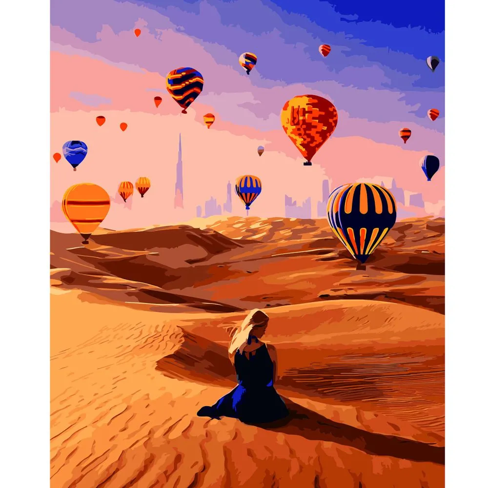 Картина за номерами Strateg ПРЕМІУМ Повітряні кулі серед пустелі з лаком та рівнем розміром 40х50 см VA-2627
