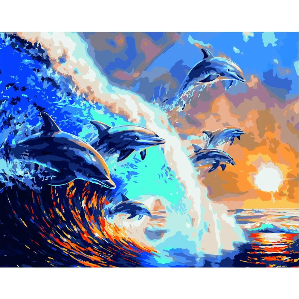 Картина за номерами Strateg ПРЕМІУМ Зграя дельфінів з лаком та рівнем розміром 40х50 см VA-2624