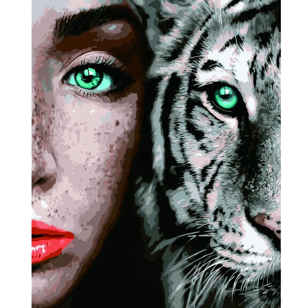 Картина за номерами Strateg ПРЕМІУМ Дівчина з білим тигром з лаком та рівнем розміром 40х50 см VA-2643