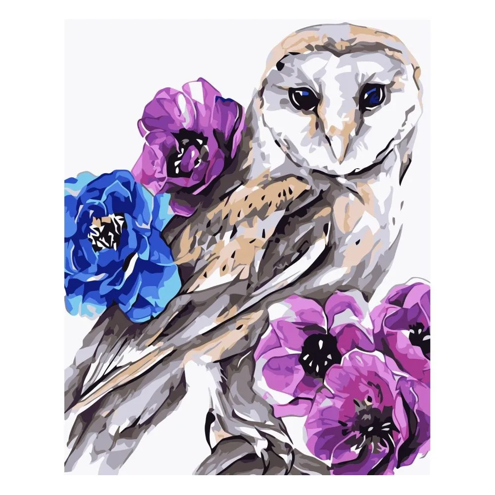 Картина за номерами Strateg ПРЕМІУМ Акварельна сова з квітами з лаком та рівнем розміром 30х40 см SV-0010