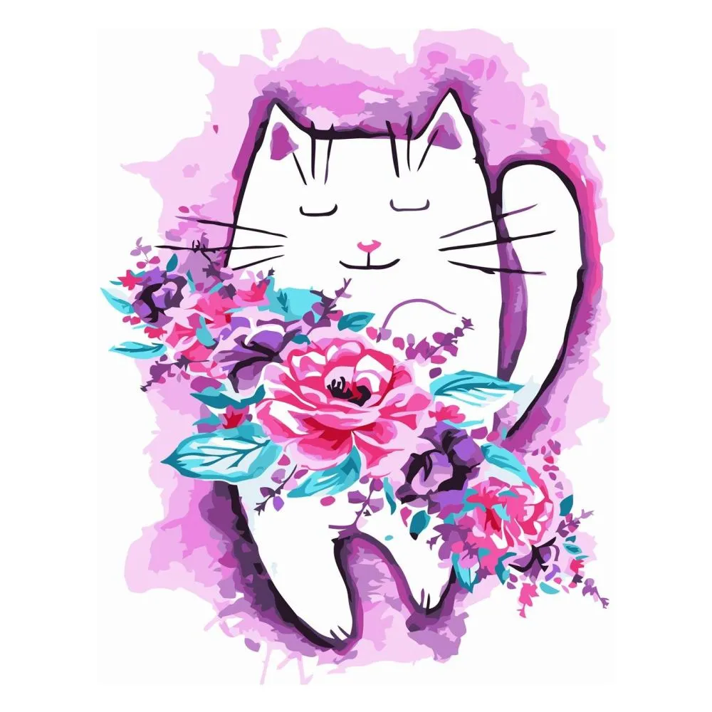 Картина за номерами Strateg ПРЕМІУМ Акварельник котик з квітами з лаком та рівнем розміром 30х40 см SV-0044